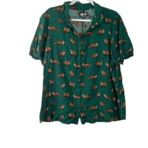 Hell Bunny Womens Vixey Button Up Shirt Green Fox Print Puff Sleeves Plus 2X